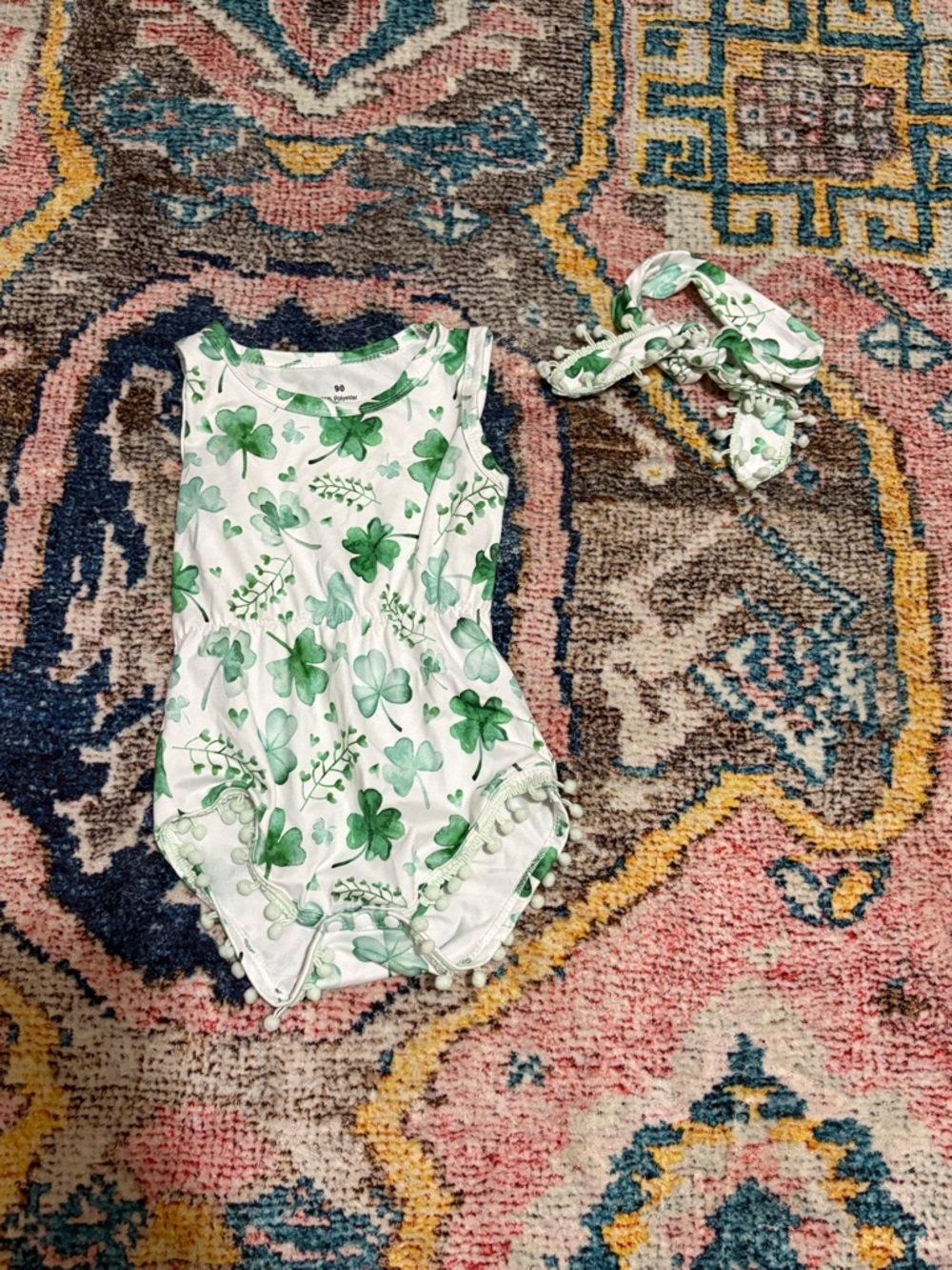Green Clover Baby Romper with Matching Headband